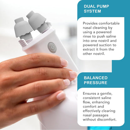NASALFRESH MD Premium Bundle–Dual Powered Nasal Irrigation System Nasal Rinse and Wash, Sinus Decongestant Relief System, 60 Saline Packets, Case, Rechargeable, 2 Sets of Nose Pillows–Snoring Remedy