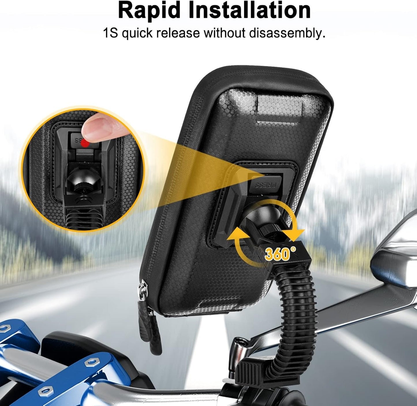 ENOENO Motorcycle Smartphone Holder Waterproof 360 Degrees Mobile Phone Holder for Motorcycle with Rain Cover for Mobile Phone Holder Motorcycle Rearview Mirror Up to 6.7 Inches