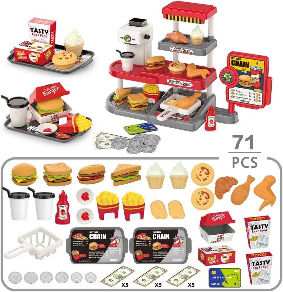 Pretend Play Fast Food Store Toy with Realistic Coffee Machine Card Reader Food Shop Playset with Simulate Hamburger Chips Sandwich etc Play Money Checkout Game for Kids