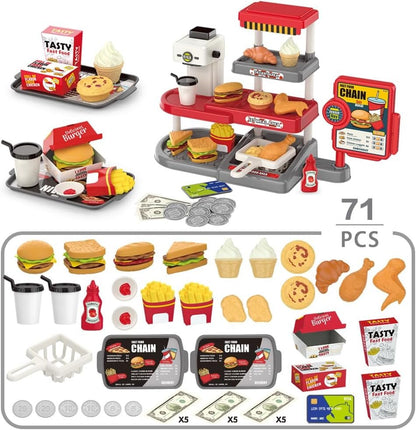 Pretend Play Fast Food Store Toy with Realistic Coffee Machine Card Reader Food Shop Playset with Simulate Hamburger Chips Sandwich etc Play Money Checkout Game for Kids