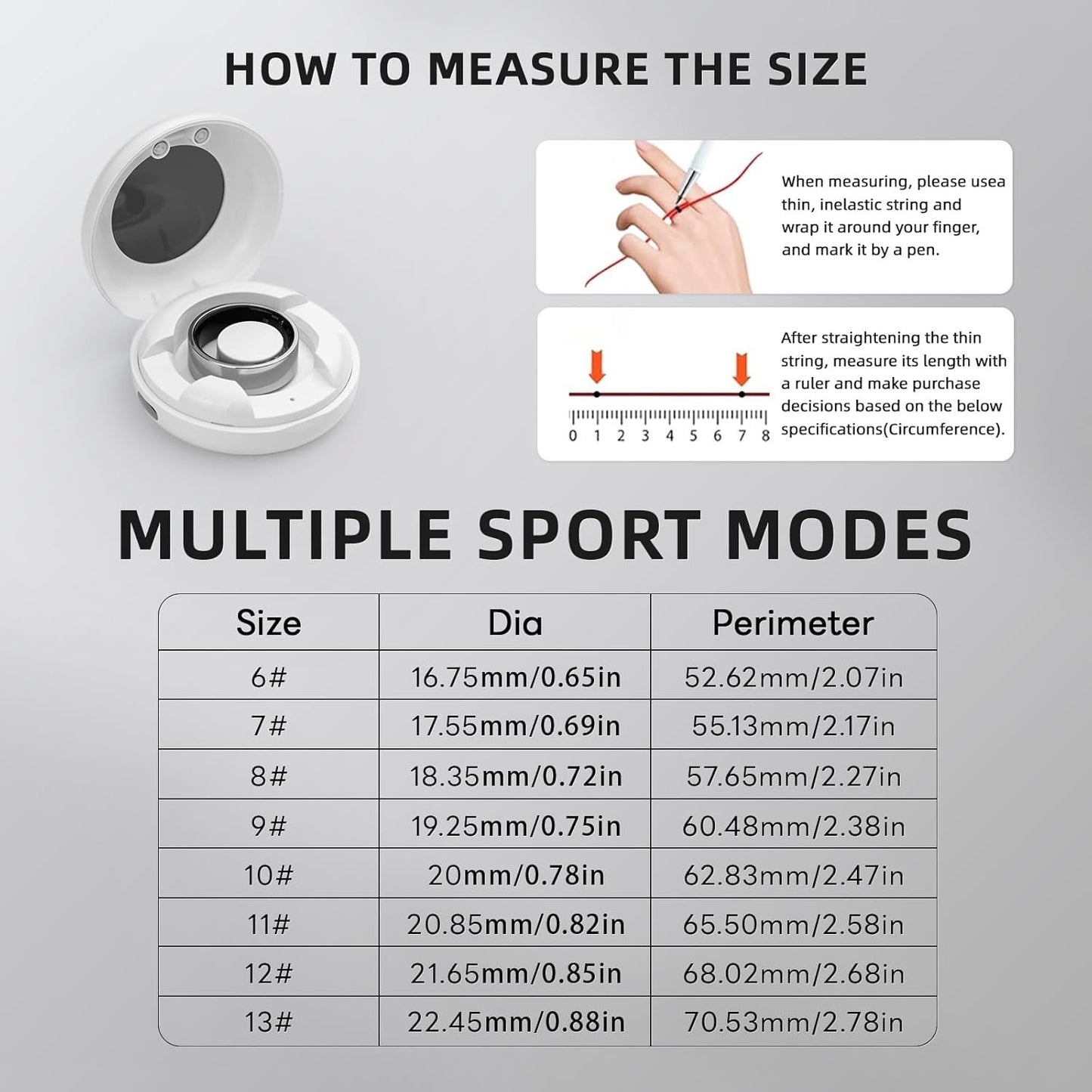 2025 2.0 Unisex Smart Ring Sports Recorder Without Subscription iPhone and Android app 3 Sports Modes (Black, 9#)