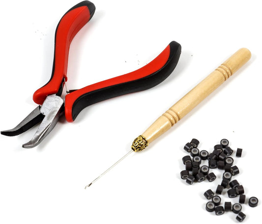 Salon Microring Hair Extension Set with Pliers + Needle + 200pcs Silica Microrings