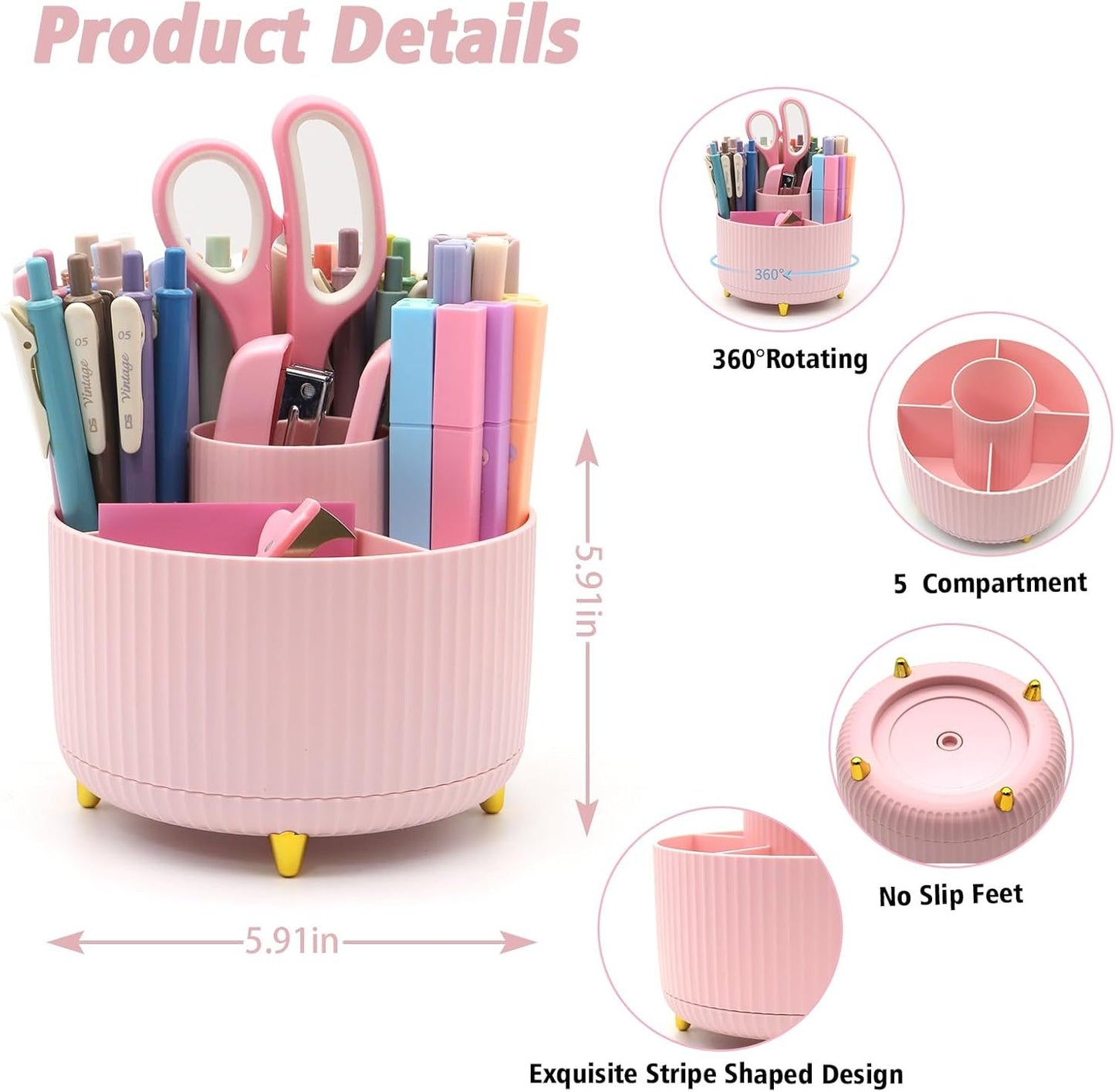 Pink Desk Accessories, UPIHO Rotating Pen Holder Set,Pink Office Supplies with Pink Stapler and Tape Dispenser Set, Gifts for Office Clerks,Student