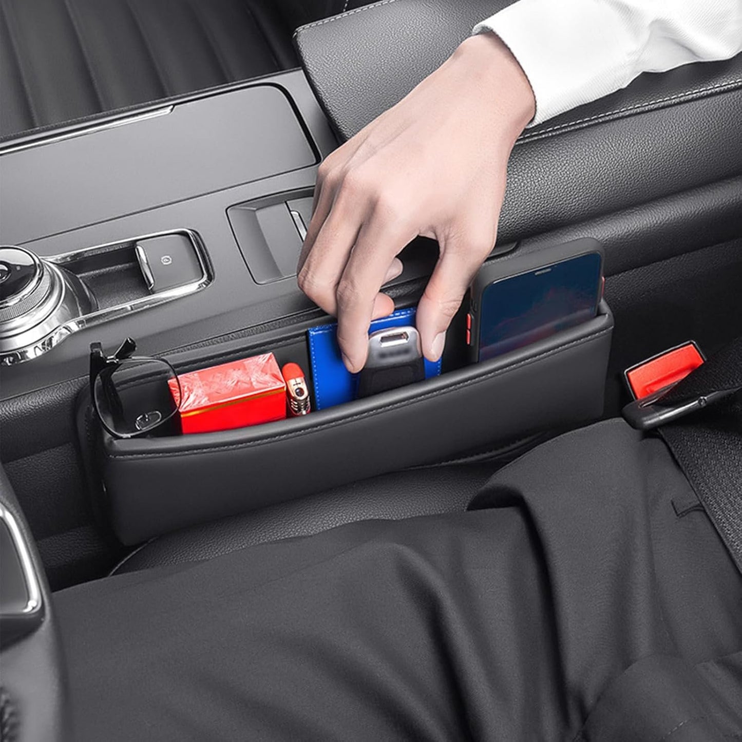 2 Pack Car Seat Gap Organizer, Leather Car Front Seat Gap Filler Car Seat Storage Bag for Phone/Keys/Cards, Car Center Console Side Pockets Gap Stop Things Pads, Car Interior Accessories for Sedan SUV