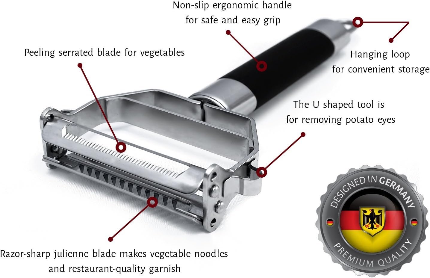 Deiss PRO Swivel Vegetable Peeler - Sharp Stainless Steel Peeler with Easy Non-Slip Hand Grip, Potato Peelers for Kitchen, Fruit, Carrot, Apple, Veggie, Kiwi, Durable, Dishwasher Safe (Silver Wide)