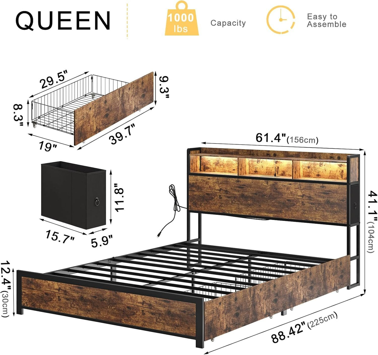 HAUSOURCE Queen Bed Frame with 2-Tier Storage Headboard and 2 Drawers LED Lights Bed Frame Queen Size Metal Platform Non-Slip Without Noise No Box Spring Needed Brown