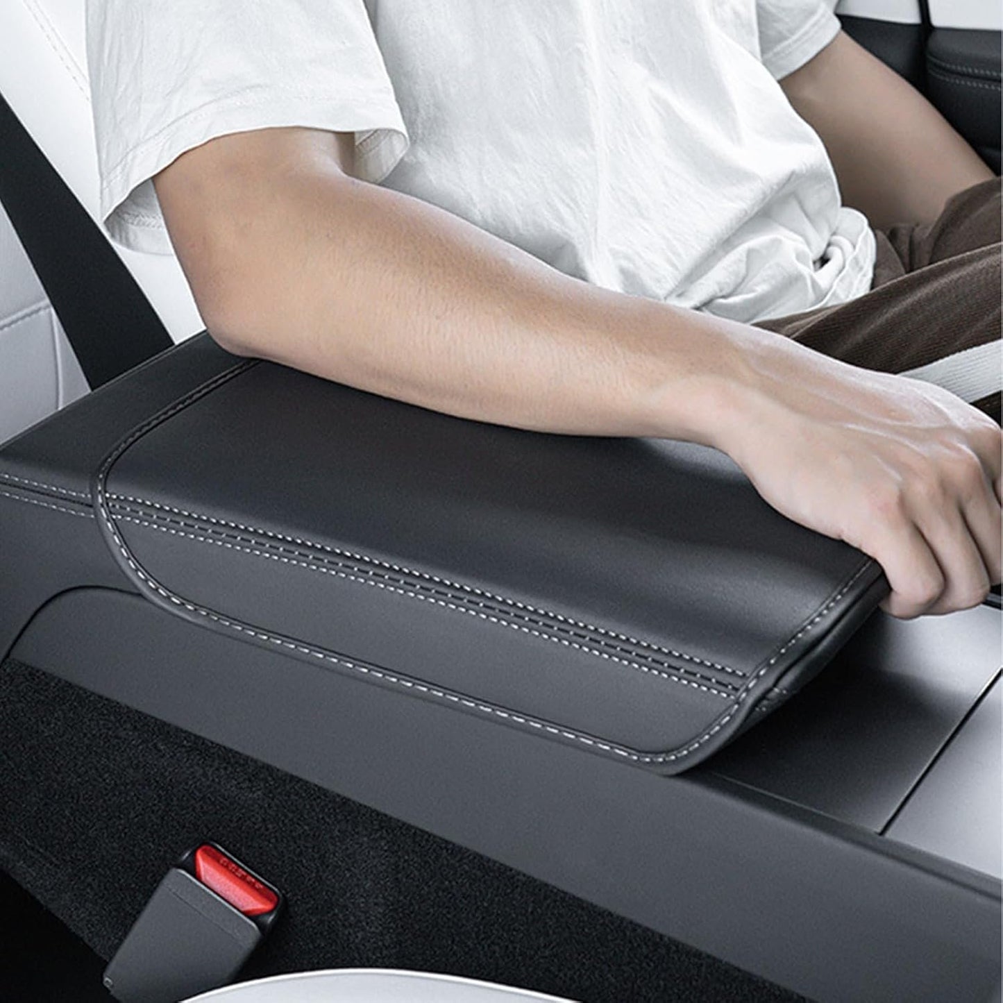 Armrest Box Cover for Tesla Model 3 Highland Model Y 2024-2017, PU Leather Center Console Arm Rest Anti-Scratch Protector Pad, Non-Slip Interior Accessories for Tesla Model 3 2024 (Black #A)