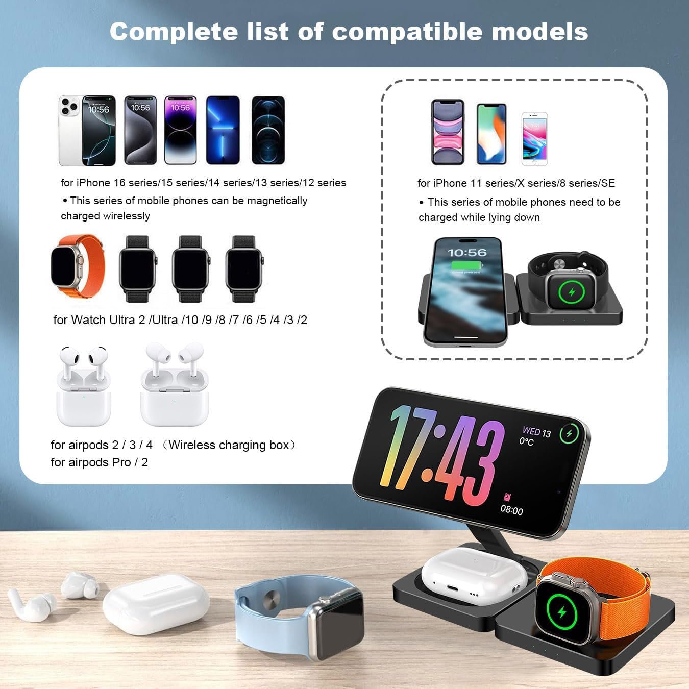 3 in 1 Wireless Charger Stand for Mag-Safe Charging, Foldable 15W Fast Magnetic Wireless Charging Stand for iPhone 16 15 14 13 12 Pro Max,AirPods,Apple Watch Series 10/Ultra 2/9/8/7/6/SE/5/4/3,Black