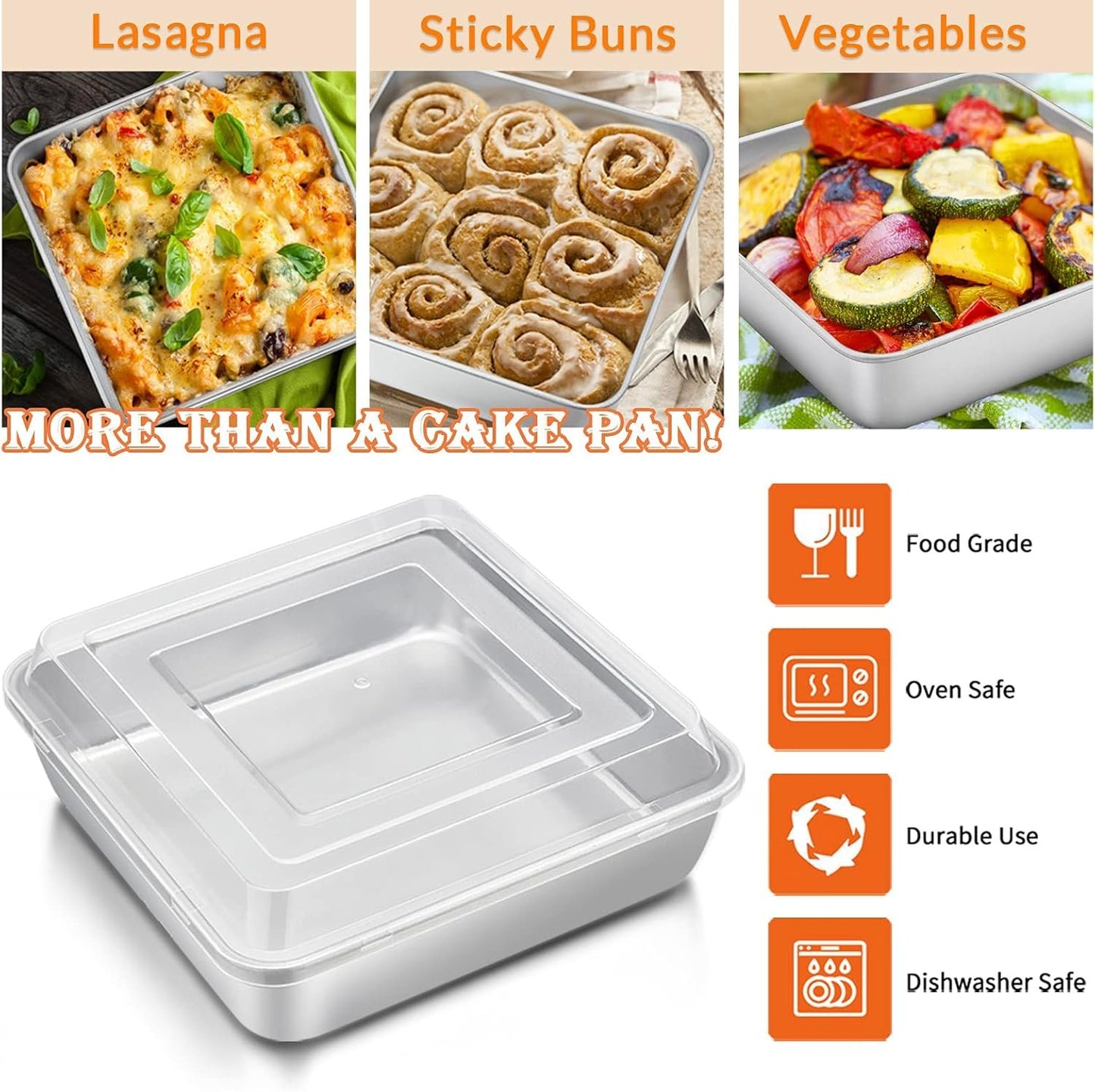 8 x 8-Inch Baking Pan with lid, E-far Square Cake Brownie Baking Pans Stainless Steel Bakeware Set of 2, Non-toxic & Healthy, Easy Clean & Dishwasher Safe - 4 Pieces(2 Pans + 2 Lids)