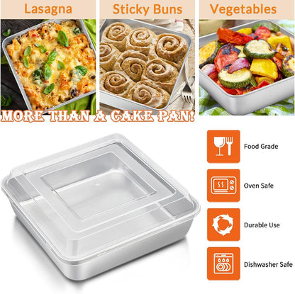 8 x 8-Inch Baking Pan with lid, E-far Square Cake Brownie Baking Pans Stainless Steel Bakeware Set of 2, Non-toxic & Healthy, Easy Clean & Dishwasher Safe - 4 Pieces(2 Pans + 2 Lids)