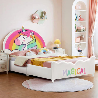 HONEY JOY Single Bed Frames for Kids, Wood Upholstered Twin Bed Platform with Slat Support, Padded Headboard & Footboard, Girls & Boys Bed for Over 3 Years Old, Fits Standard Twin Mattress (Rainbow)