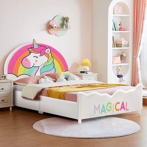 HONEY JOY Single Bed Frames for Kids, Wood Upholstered Twin Bed Platform with Slat Support, Padded Headboard & Footboard, Girls & Boys Bed for Over 3 Years Old, Fits Standard Twin Mattress (Rainbow)