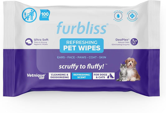 Furbliss Hygienic Pet Wipes for Dogs & Cats, Cleansing Grooming & Deodorizing Hypoallergenic Thick Wipes with All Natural Deoplex Deodorizer by Vetnique Labs (100ct, Refreshing Scent)