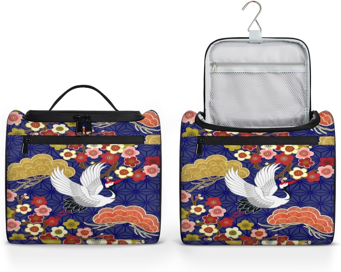 Crane Heron Japanese Pattern Travel Toiletry Bag for Men and Women Large Hanging Toiletry Organizer Waterproof Hygiene Bag with Metal Hook, Crane Heron Japanese Pattern, 10.2 x 6.5 x 9.2 inches