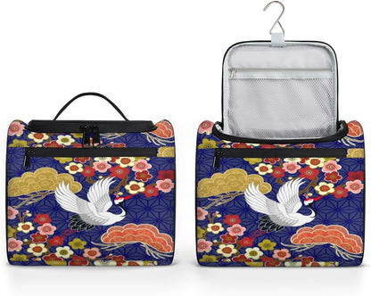 Crane Heron Japanese Pattern Travel Toiletry Bag for Men and Women Large Hanging Toiletry Organizer Waterproof Hygiene Bag with Metal Hook, Crane Heron Japanese Pattern, 10.2 x 6.5 x 9.2 inches