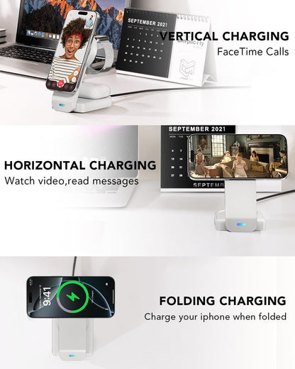 Foldable Magnetic Wireless Charger Compatible with Apple Devices,3 in 1 Wireless Charging Station for iPhone 16/15/14/13,Apple Watch Ultra 2/Ultra/Seires 10/9/8/7/6/5/4/SE,Air-Pods 4/3/Pro/2 (White)