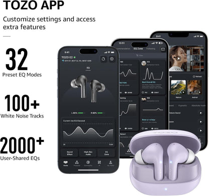 TOZO New E2 Wireless Earbuds with Call Noise Cancellation,App Customize 32 EQs,10mm Drivers with Powerful Bass,30H Playtime,2 Mics for Clear Calls,Bluetooth 5.3 Headphones,Comfort Fit in-Ear Headset