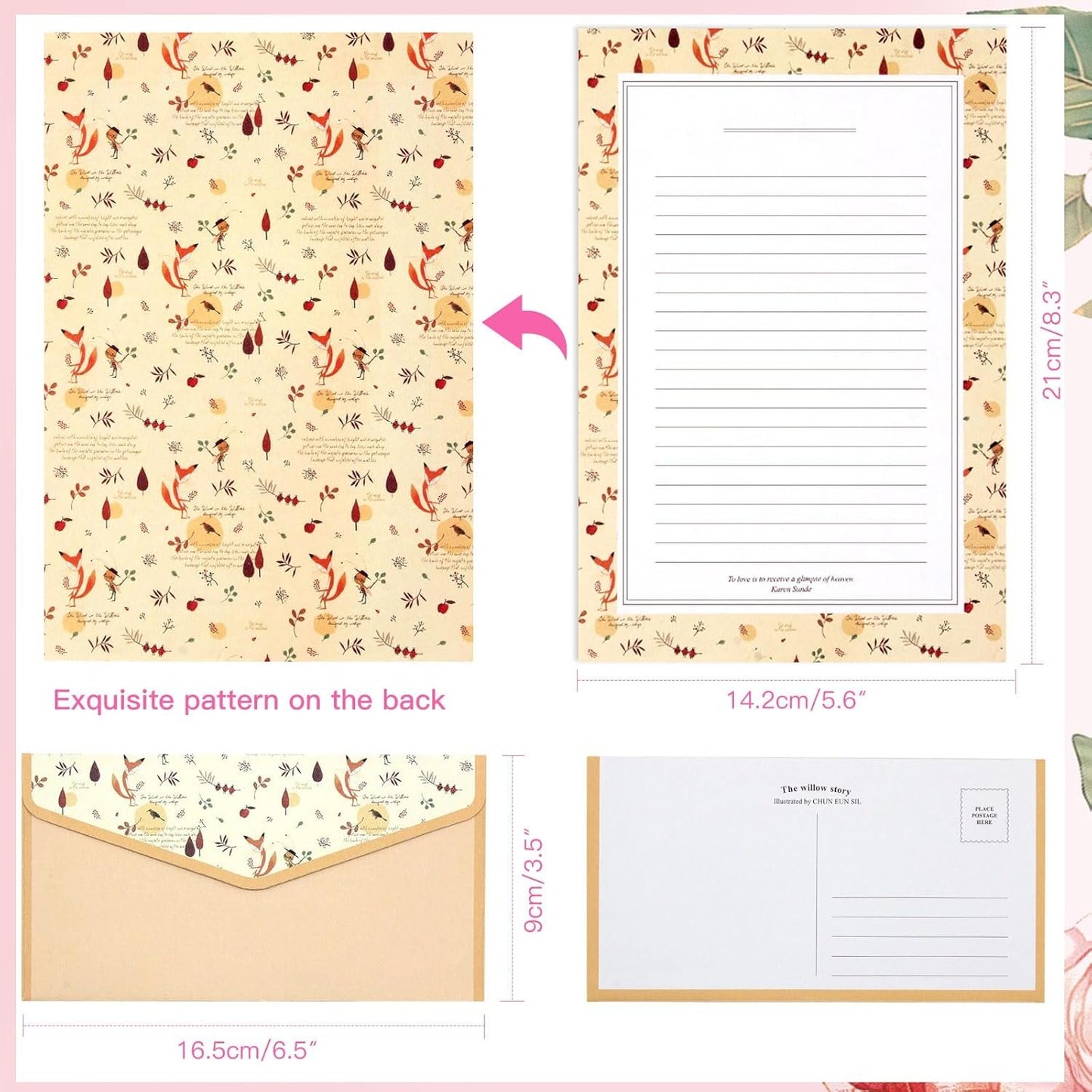 KSIWRE Stationery Writing Paper with Envelopes, Sweet Floral Style Lined Stationary Paper，36 PCS Letter Writing Paper with 18 PCS Envelopes, for Invitations Gifts Holiday Wishes