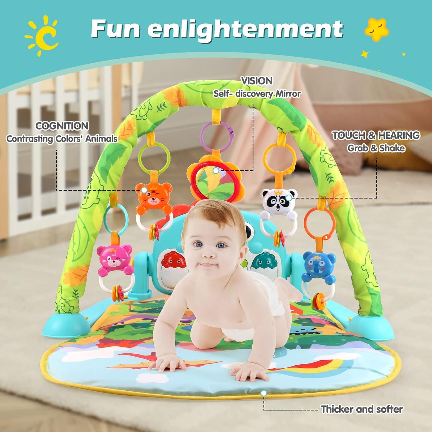 REMOKING Tummy Time Baby Gym Play Mats,Kick & Play Piano Gym for Infants Baby Toys 3-6-12 Months,Musical Activity Center with Lights Sounds for Toddler Sensory Play,Baby Gifts for Newborn Boys Girls