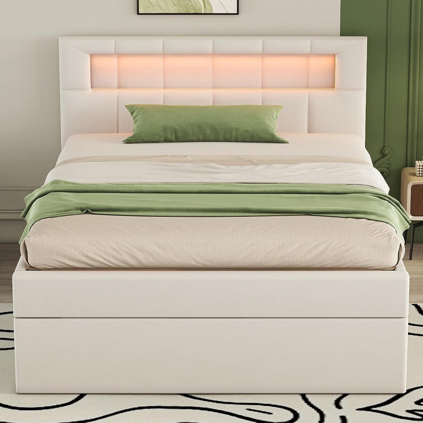 Azkoeesy LED Light Up Upholstered Bed with Storage Box Luxury Single Bed Slatted Base Velvet Upholstered Bed (Beige, 90 x 200cm)