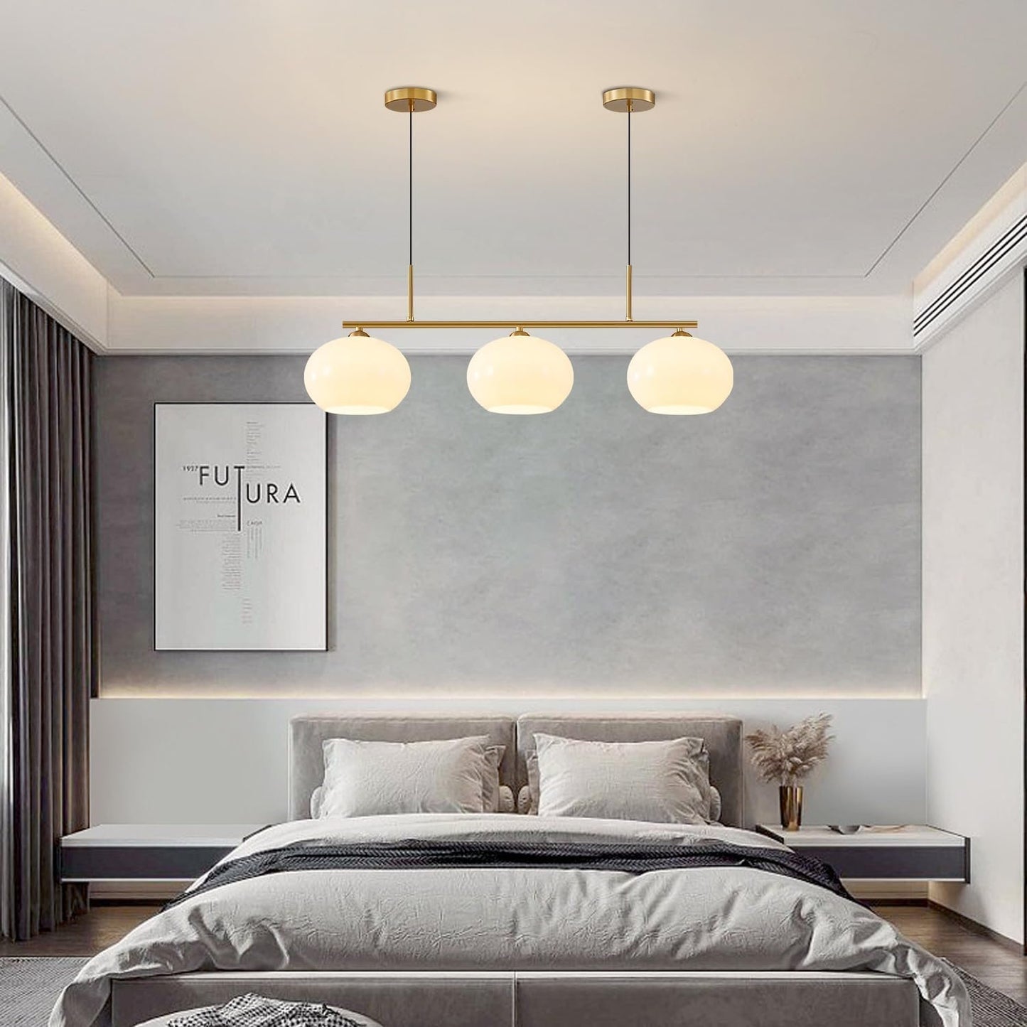 KCO Lighting 3 Light Linear Pendant Lighting Milk Glass Flush Mount Ceiling Light Brass Gold Chandelier Light Fixture Modern Globe Linear Chandelier Dining Room Dining Room Over Table