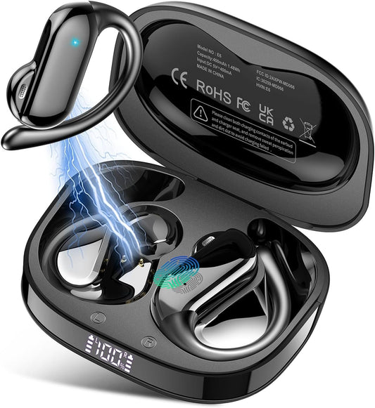 Open Ear Headphones, Bluetooth 5.4 Wireless Earbuds with HD Clear Calls, 32Hrs Immersive Stereo Air Conduction Earphones with Earhooks, LED Display, IPX7 Lightweight Open Ear Buds for Sports/Working