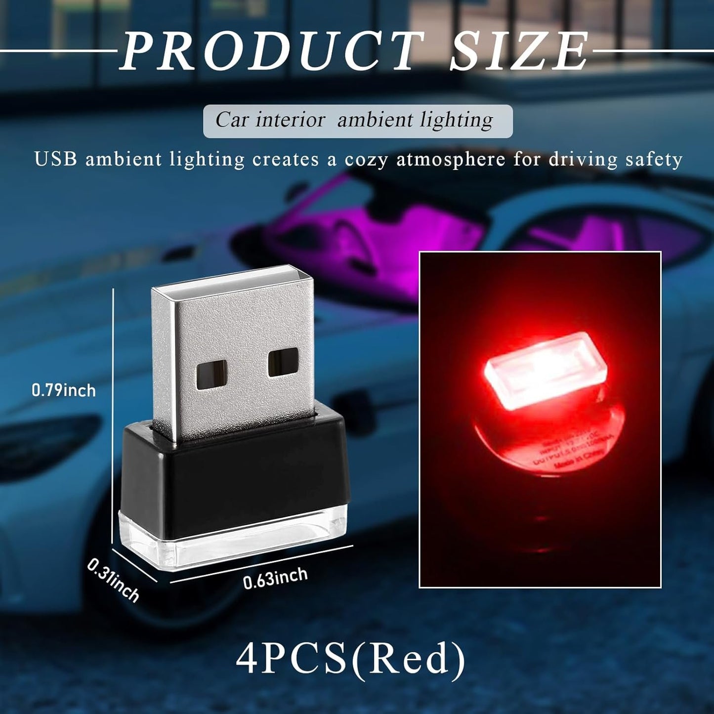 JUSTTOP 4 PCS USB LED Car Interior Atmosphere Lamp, Plug-in USB Interface Mini Trunk Ambient Night Lights, Portable USB Lighting Decor for Vehicle Laptop Keyboard, Car Accessories (Red)