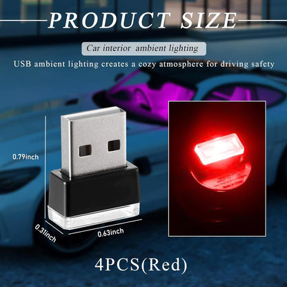 JUSTTOP 4 PCS USB LED Car Interior Atmosphere Lamp, Plug-in USB Interface Mini Trunk Ambient Night Lights, Portable USB Lighting Decor for Vehicle Laptop Keyboard, Car Accessories (Red)