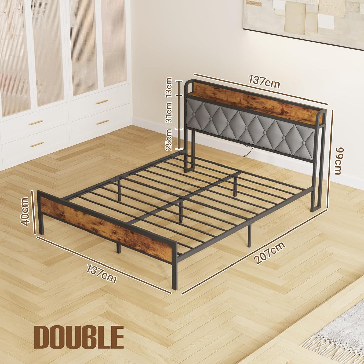 ADVWIN Double Size Bed Frame, Storage Tufted Headboard & Charging Station and USB Ports, Industrial Upholstered Platform Bed, No Box Spring Needed, Rustic Brown & Gray(Double)