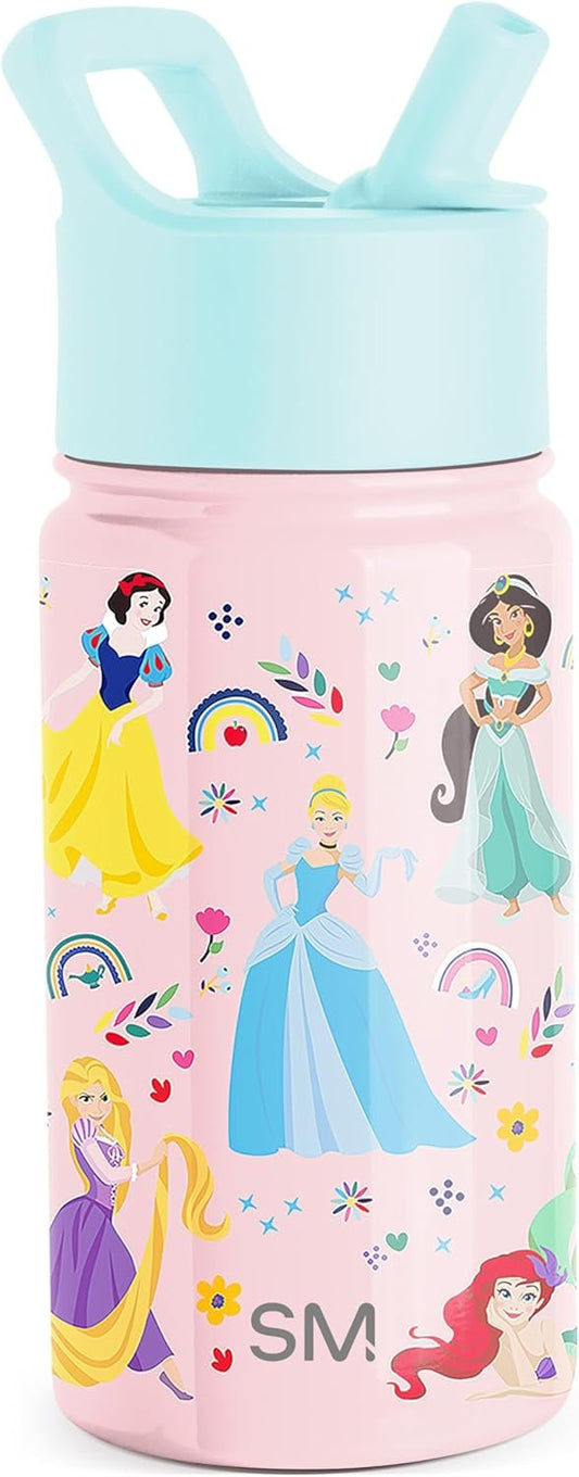 Simple Modern Disney Princesses Kids Water Bottle with Straw Lid | Reusable Insulated Stainless Steel Cup for School | Summit Collection | 14oz, Princess Rainbows