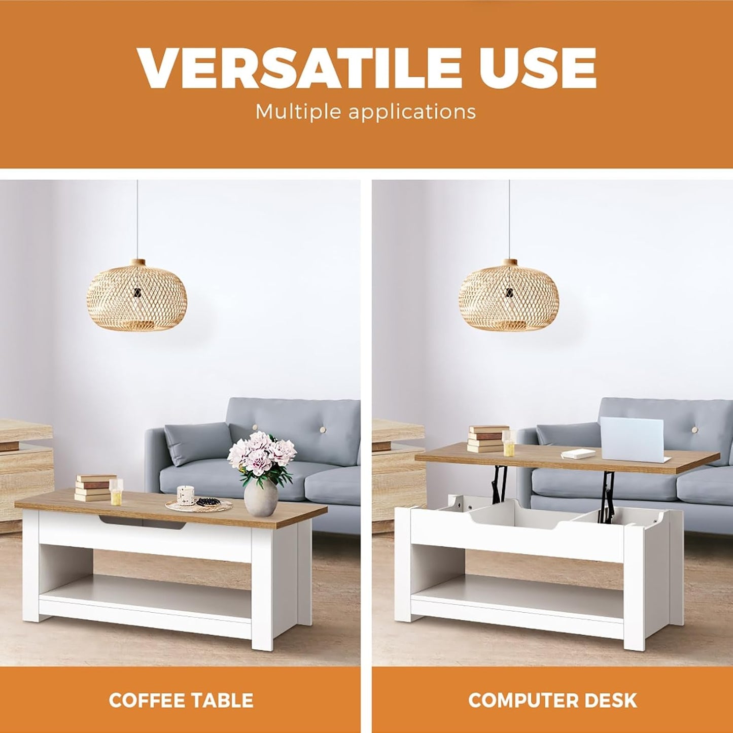 OIKITURE Lift Top Coffee Table with Hidden Compartment & Storage Shelf Space, Rising Tabletop Dining Table for Living Room Reception Room