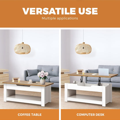 OIKITURE Lift Top Coffee Table with Hidden Compartment & Storage Shelf Space, Rising Tabletop Dining Table for Living Room Reception Room