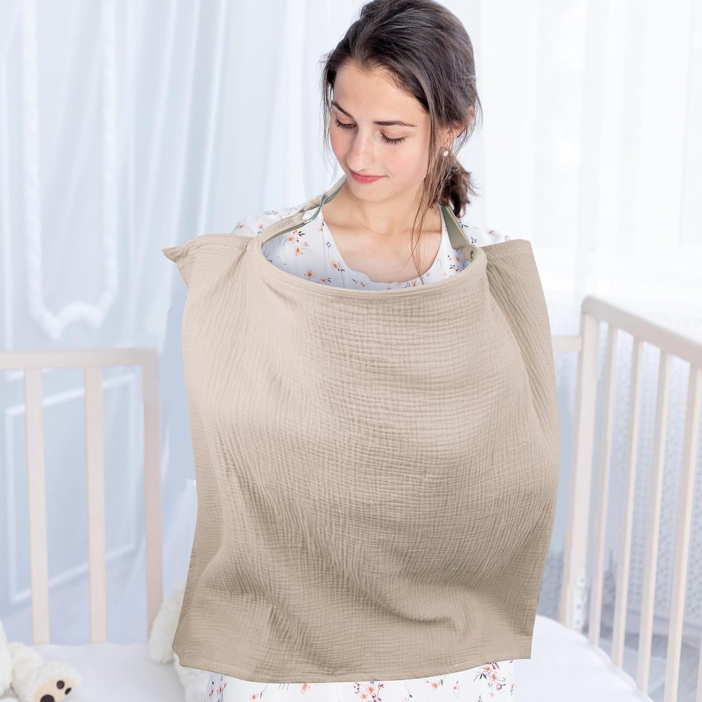 YCHWFF Muslin Nursing Cover for Baby Breastfeeding, Breathable Privacy Nursing Cover with Arch Neckline for Mom,Multi-use Nursing Apron (Wheat)
