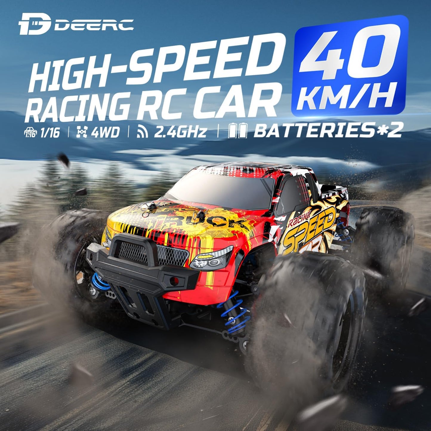 DEERC RC Cars 9310 High Speed Remote Control Car for Adults Kids 30+MPH, 1:18 Scales 4WD Off Road RC Monster Truck,Fast 2.4GHz All Terrains Toy Trucks Gifts for Boys,2 Batteries for 40Min Play