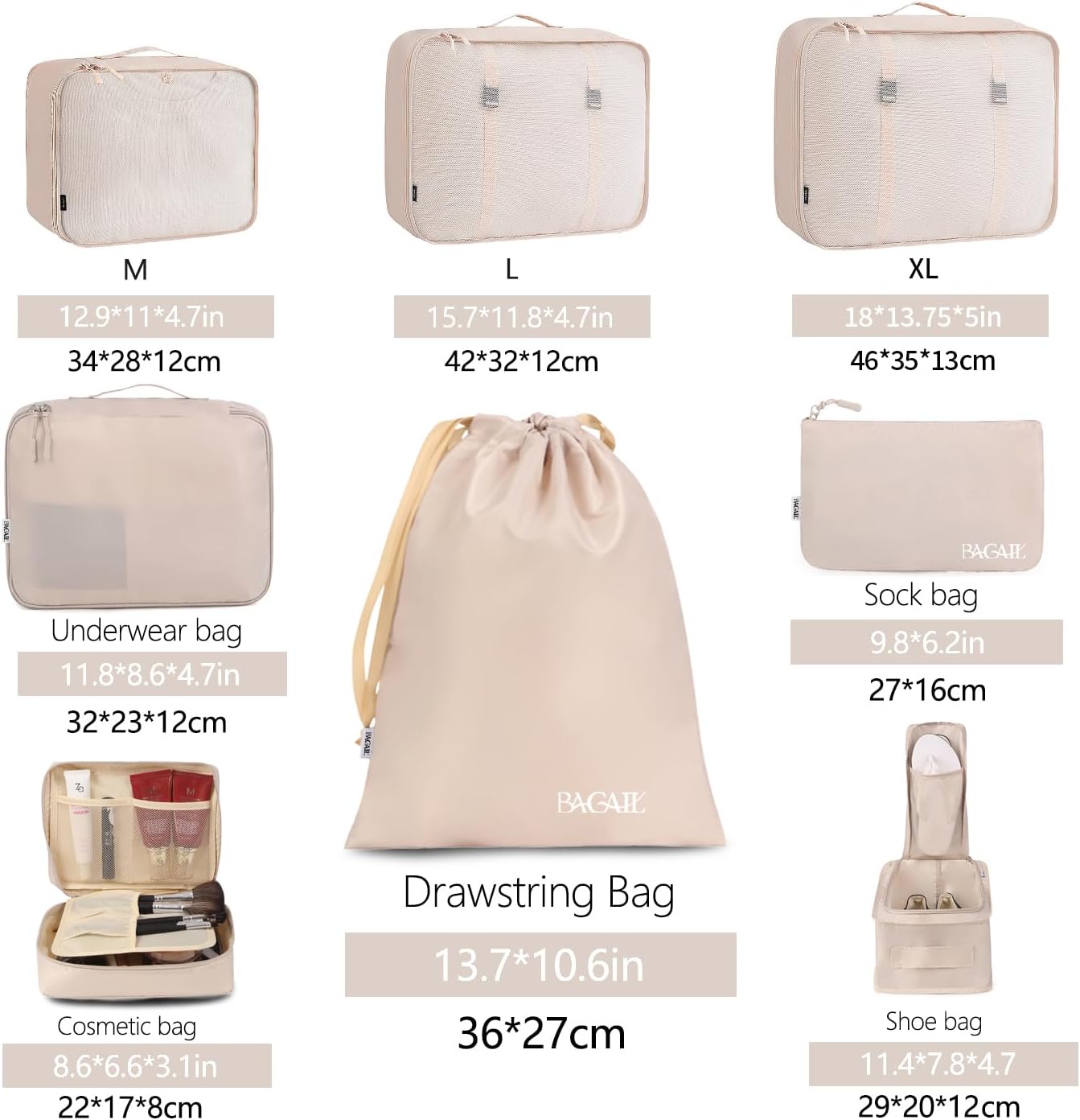 BAGAIL 8 Set Packing Cubes, Lightweight Travel Luggage Organizers with Shoe Bag, Toiletry Bag & Laundry Bag (Beige)