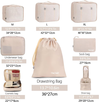 BAGAIL 8 Set Packing Cubes, Lightweight Travel Luggage Organizers with Shoe Bag, Toiletry Bag & Laundry Bag (Beige)