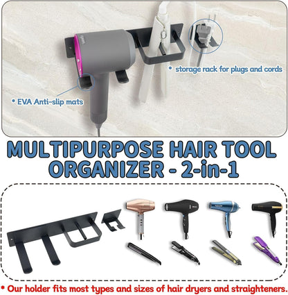 YUET Hair Dryer Holder, Hairdryer Station Accessories Wall Mounted, Straightener Holder, Bathroom Hair Styling Care Tool Organizer, Multi-Functional Space Storage Bracket (Black)