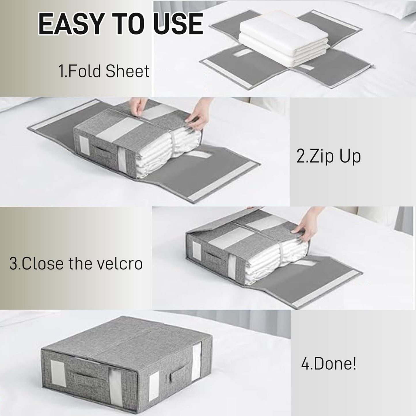 Bed Sheet Organizer, 2 Piece Foldable Bedding Sheet Organizer, Sheet Closet (King and Queen Size Sheets) ，with Two Windows + Two Handles for Sheets, Wardrobe, Home Storage and Organization (Gray)