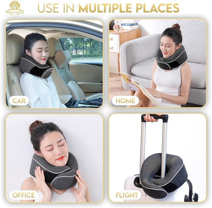 Travel Royale Neck Pillow Head, Chin, Neck 360° Support Pillow Adjustable 100% Pure Memory Foam Pillow for Airplanes, Car & Home, Ergonomic Design Full Neck Surround Bundle Eyecover & Earplugs (Black)