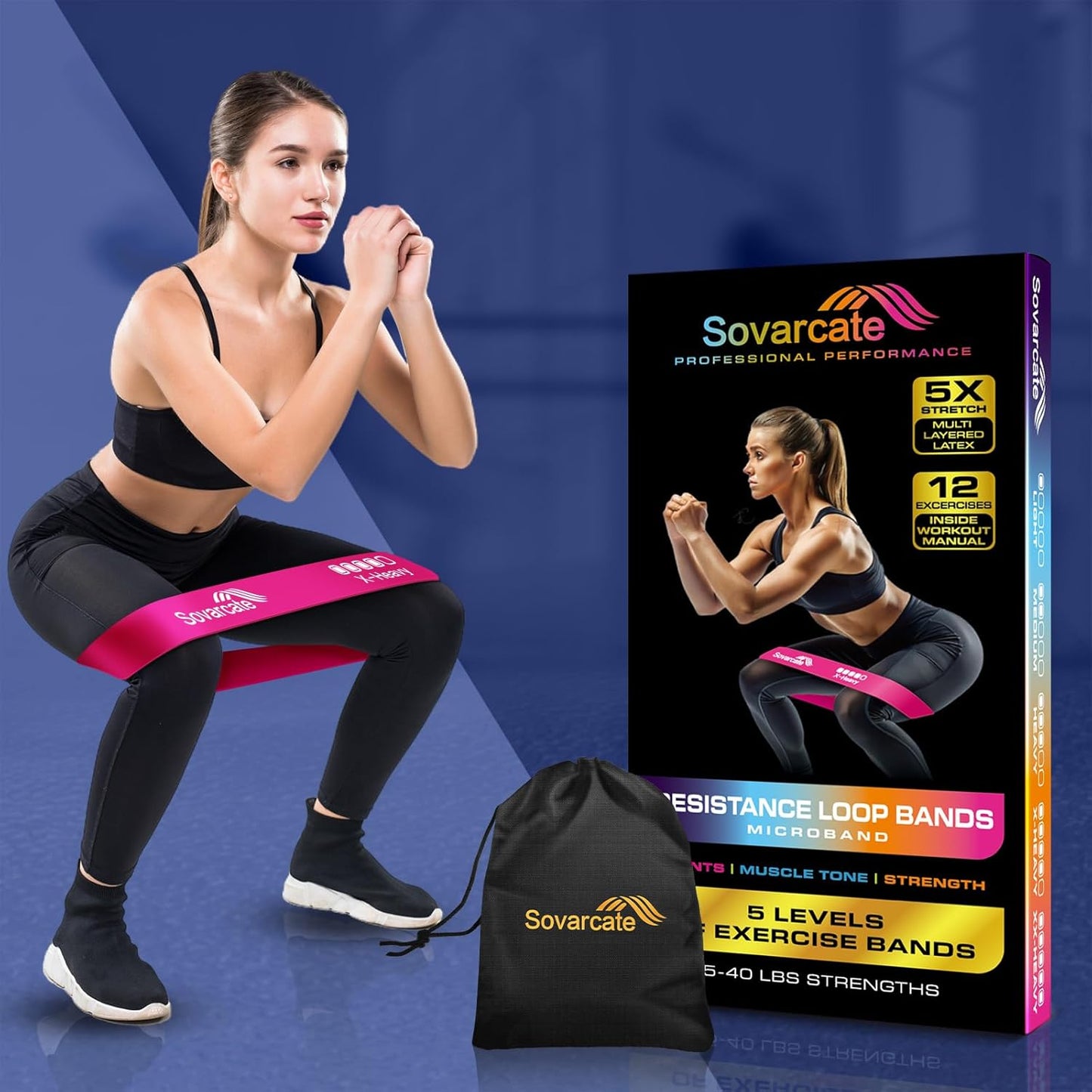 Resistance Bands [Set of 5] Exercise Bands Set for Women and Men 5 Strength Levels Latex Elastic Stretch Loop Physio Fitness Equipment for Home Gym Pilates Yoga Workout - Carry Bag Included