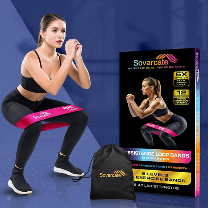 Resistance Bands [Set of 5] Exercise Bands Set for Women and Men 5 Strength Levels Latex Elastic Stretch Loop Physio Fitness Equipment for Home Gym Pilates Yoga Workout - Carry Bag Included