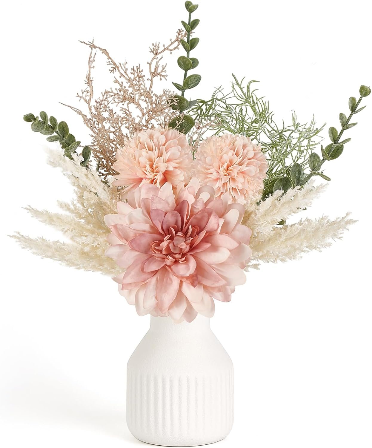 Mkono Small Artificial Flowers in Ceramic Vase 13.5" Centerpieces Coffee Table Decor, Silk Flower Arrangements for Home Decor Indoor Fake Flower Bouquet for Dining Room Kitchen Wedding Pink