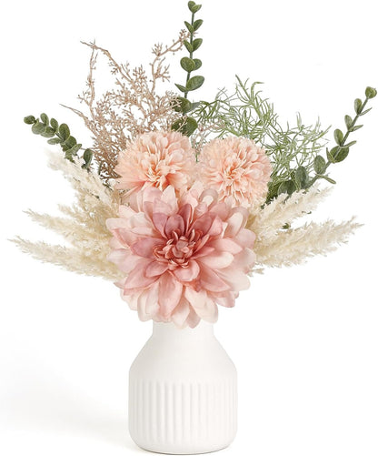 Mkono Small Artificial Flowers in Ceramic Vase 13.5" Centerpieces Coffee Table Decor, Silk Flower Arrangements for Home Decor Indoor Fake Flower Bouquet for Dining Room Kitchen Wedding Pink
