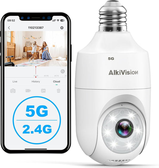 2K Light Bulb Security Camera - 5G&2.4GHz Dual Bands 360° Motion Detection Cameras for Home Security, Full-Color Night Vision, Auto Tracking, Siren Alarm, 24/7 Recording