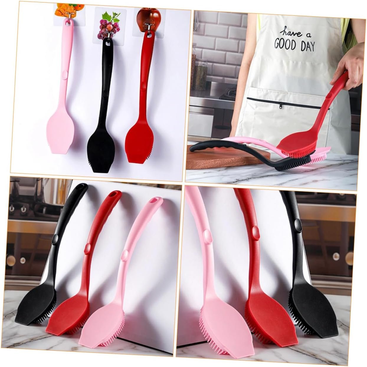 FRCOLOR Long Handle Silicone Cleaning Brush for Pots and Dishes Durable Kitchen Scrubber with Comfortable