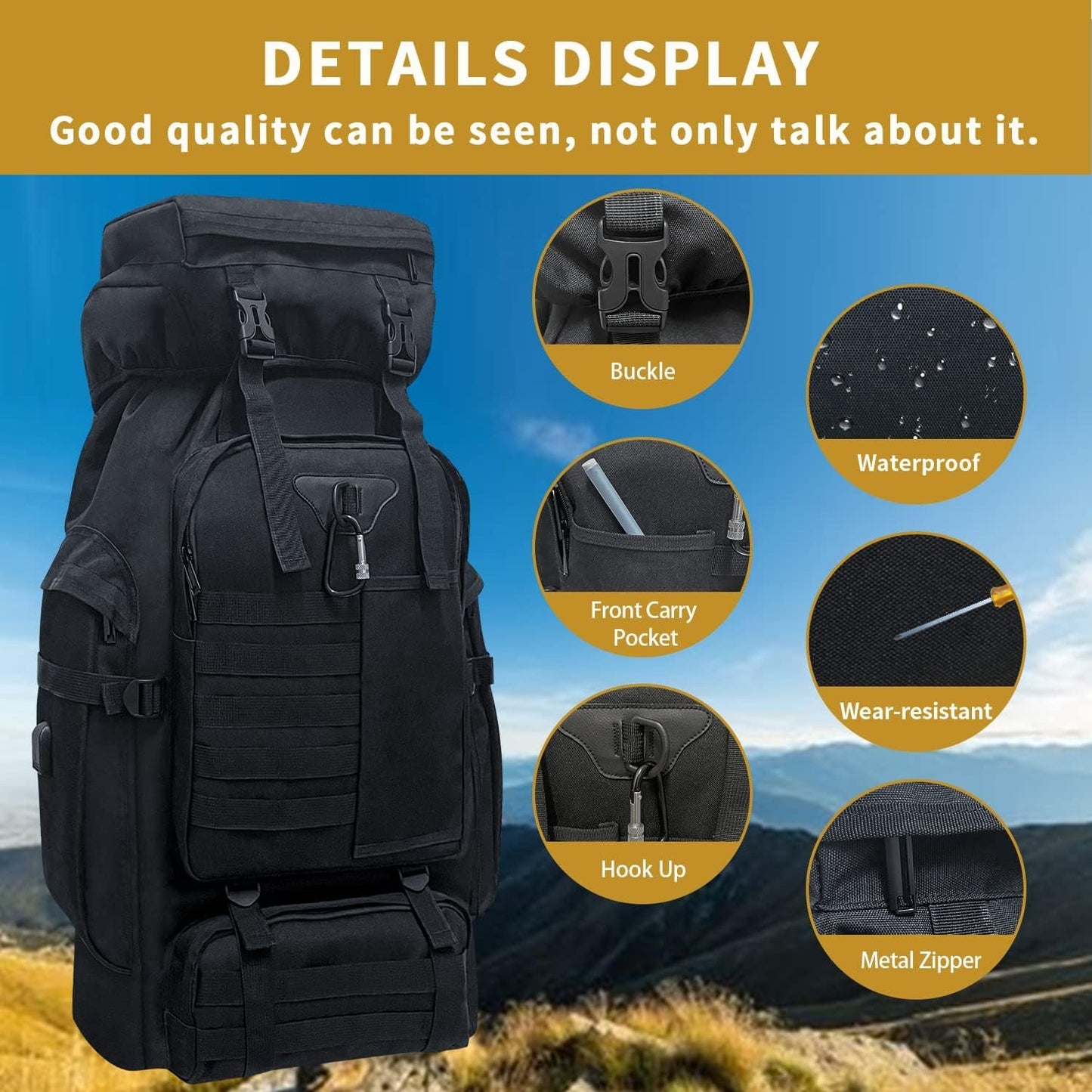 Vaupan 80L Camping Hiking Backpack, Large Military Tactical Backpack, Waterproof Travel Daypack With Carabiner Outdoor Molle Rucksack for Men Women (Black)