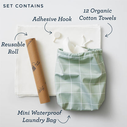 Esembly Paperless Towel Roll - Reusable Kitchen Towels 12-Pack Washable Cotton with Laundry Bag & Hook - Zero-Waste, Absorbent, Washable Eco Hill