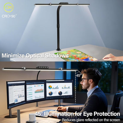 VOURTM LED Desk Lamp with Clamp, 24W Eye-Care Desk Light with Smart Remote, Stepless-Dimming and Color Temp Control, Architect Desk Lamp for Home Office, Workbench, Reading, Study, Painting