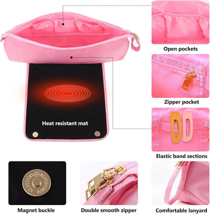 Large Hair Tools Travel Bag with Heat Resistant Mat for Straighteners, Curling Iron, Haircare Accessories, Hair Styling Tools Bag with Silicone Mat (Pink)
