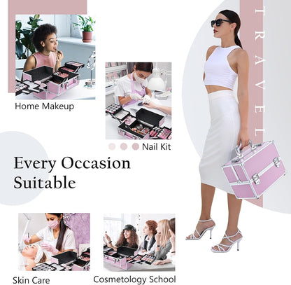Professional Makeup Case Large Size Cosmetic Case Cosmetic Case Makeup Organizer 6 Trays Lockable, pink, L